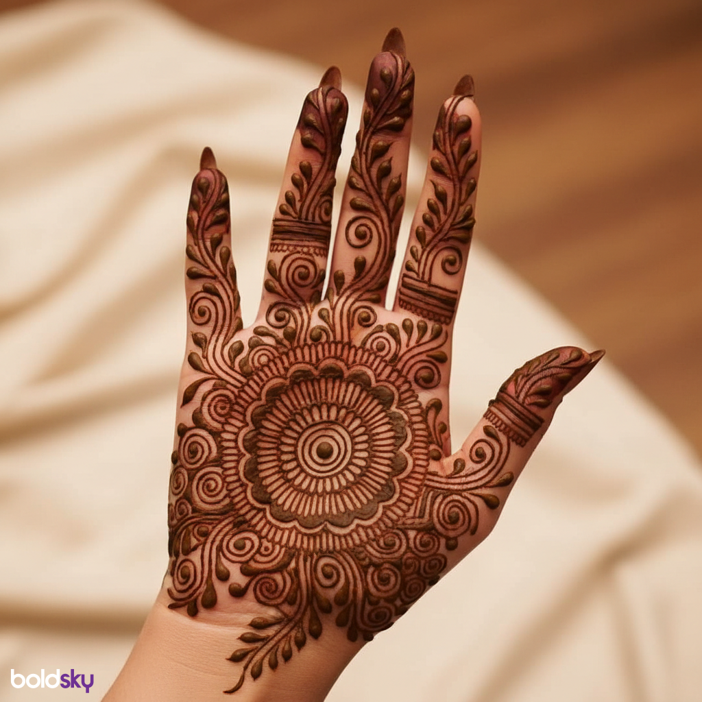 Front right hand circular mehndi design.