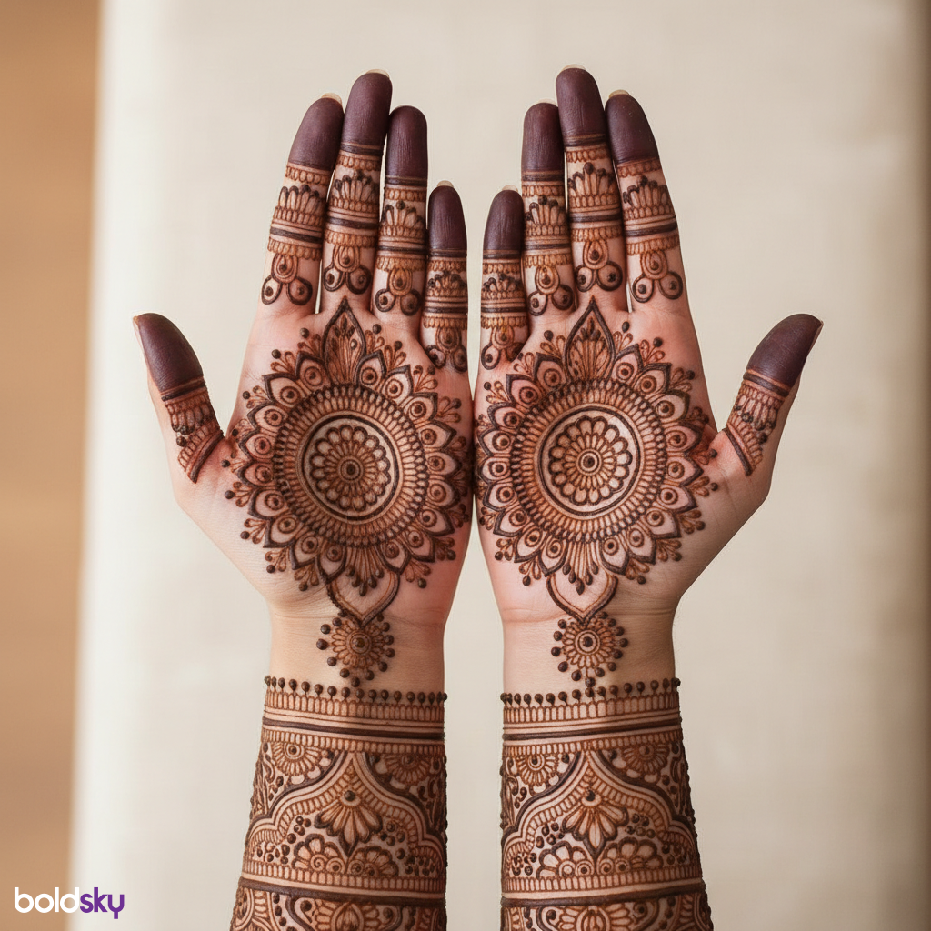Both palms matching circular mehndi.