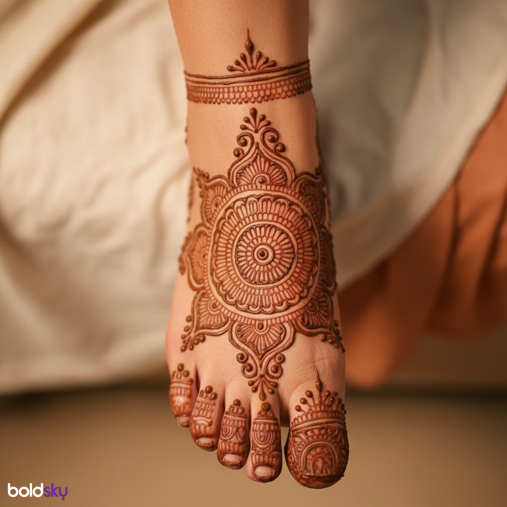 Right foot circular mandala mehndi.