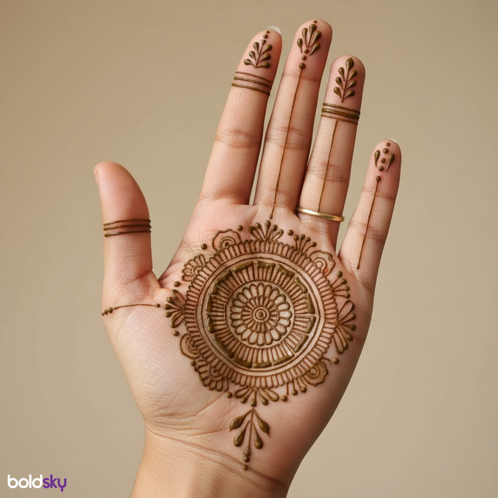 Left hand geometric circular mehndi.