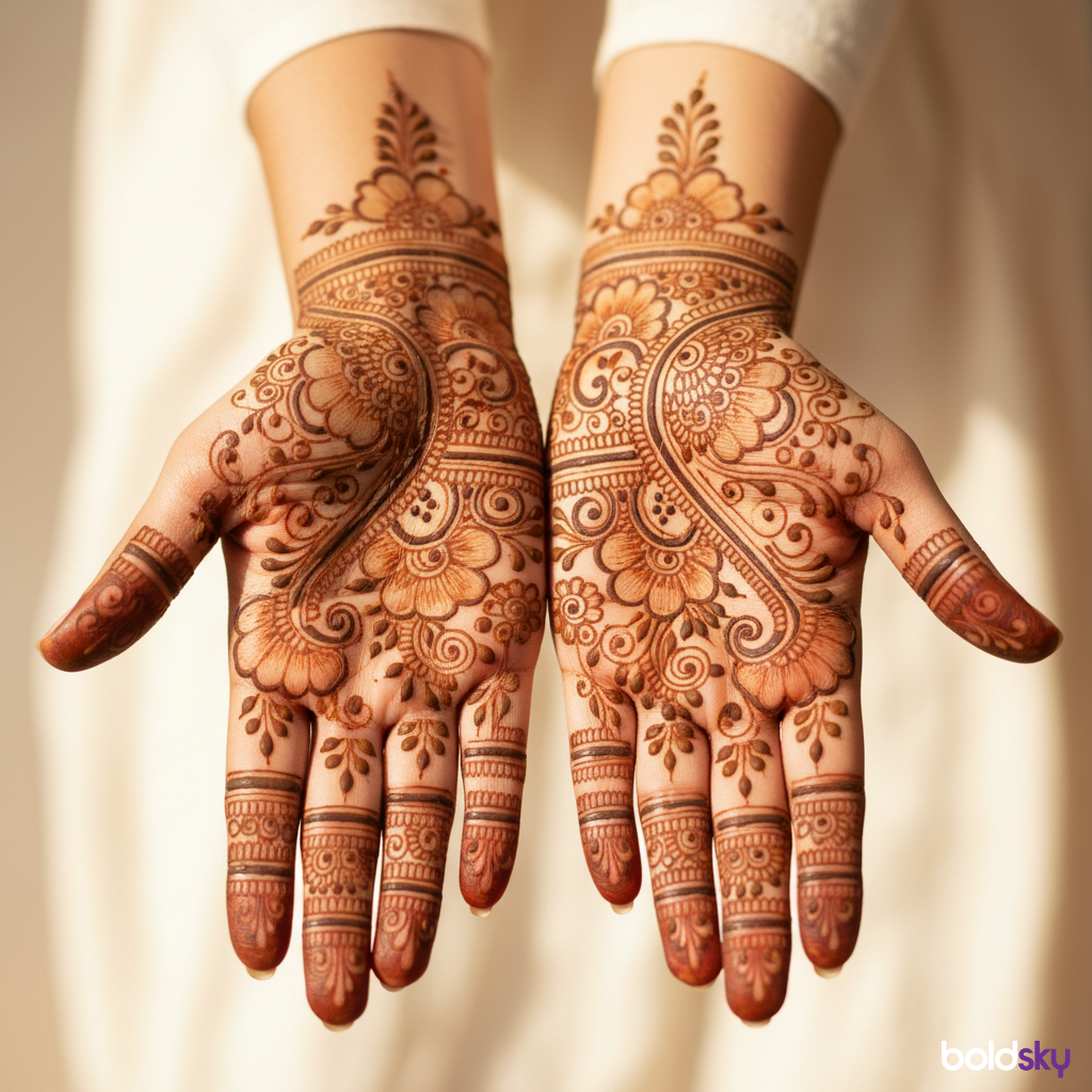 Close-up both palms traditional floral mehndi.