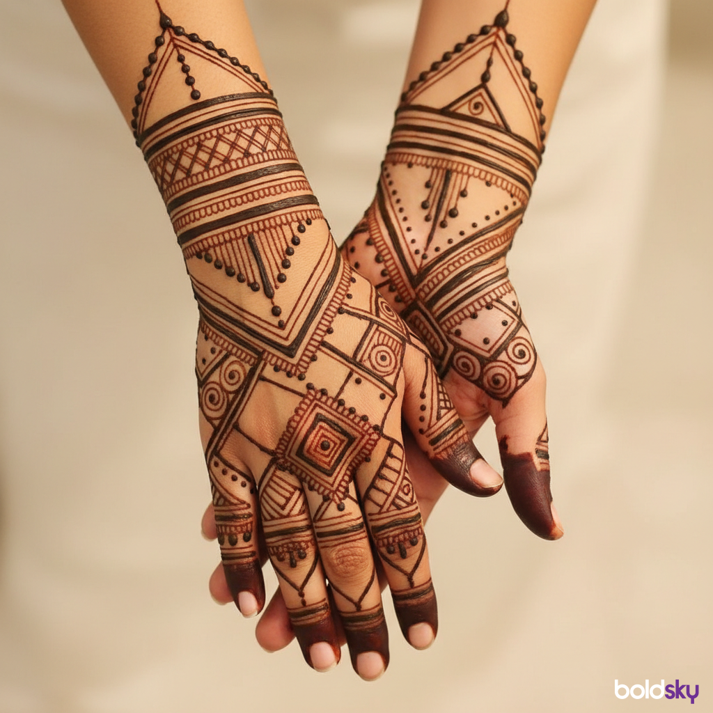 Back of hands modern geometric mehndi.
