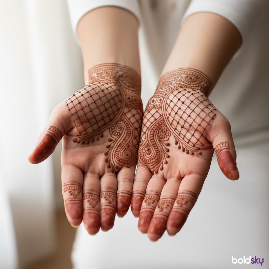 Palms jaali mehndi with paisley accents.