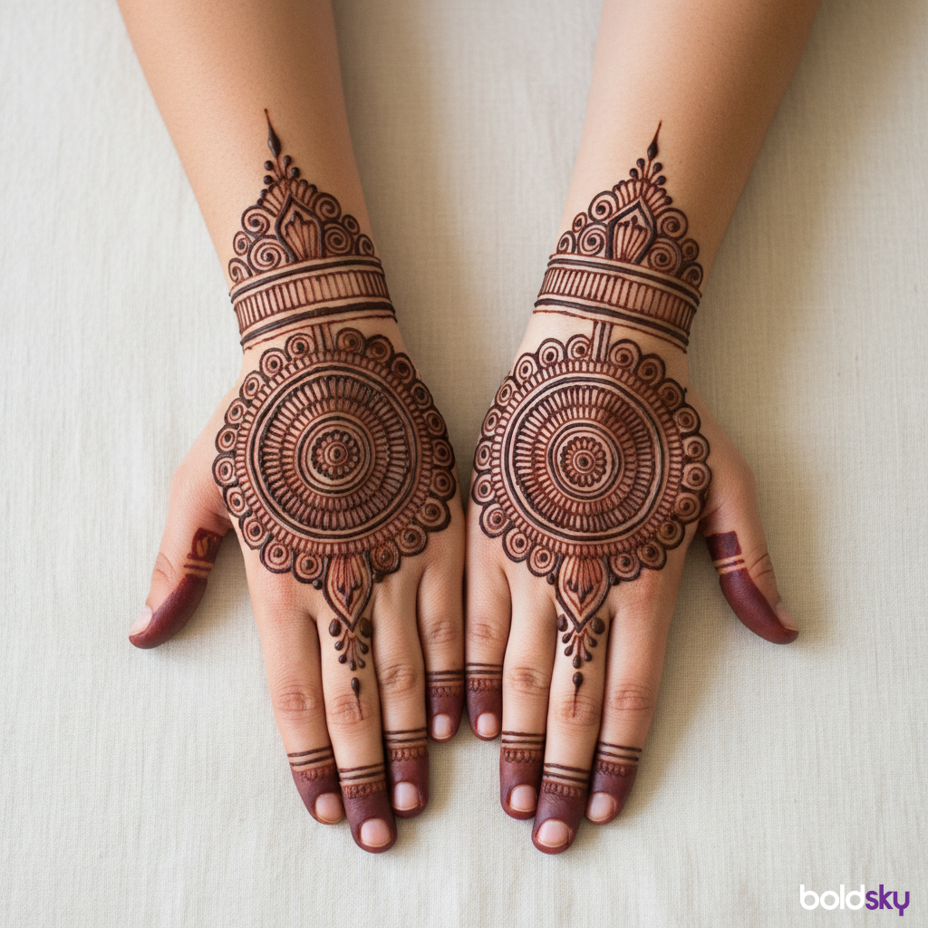 Back of hands mandala finger trails mehndi.