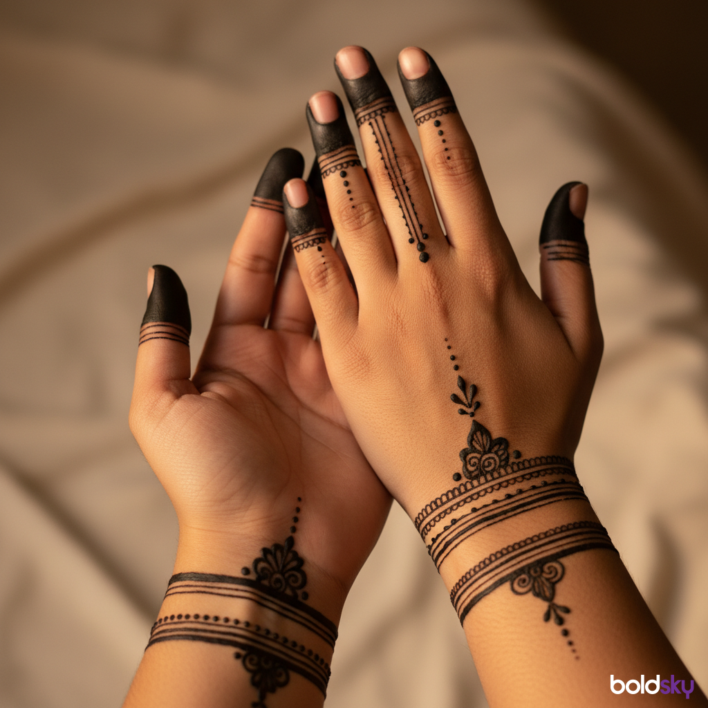 Minimalist finger wrist mehndi.