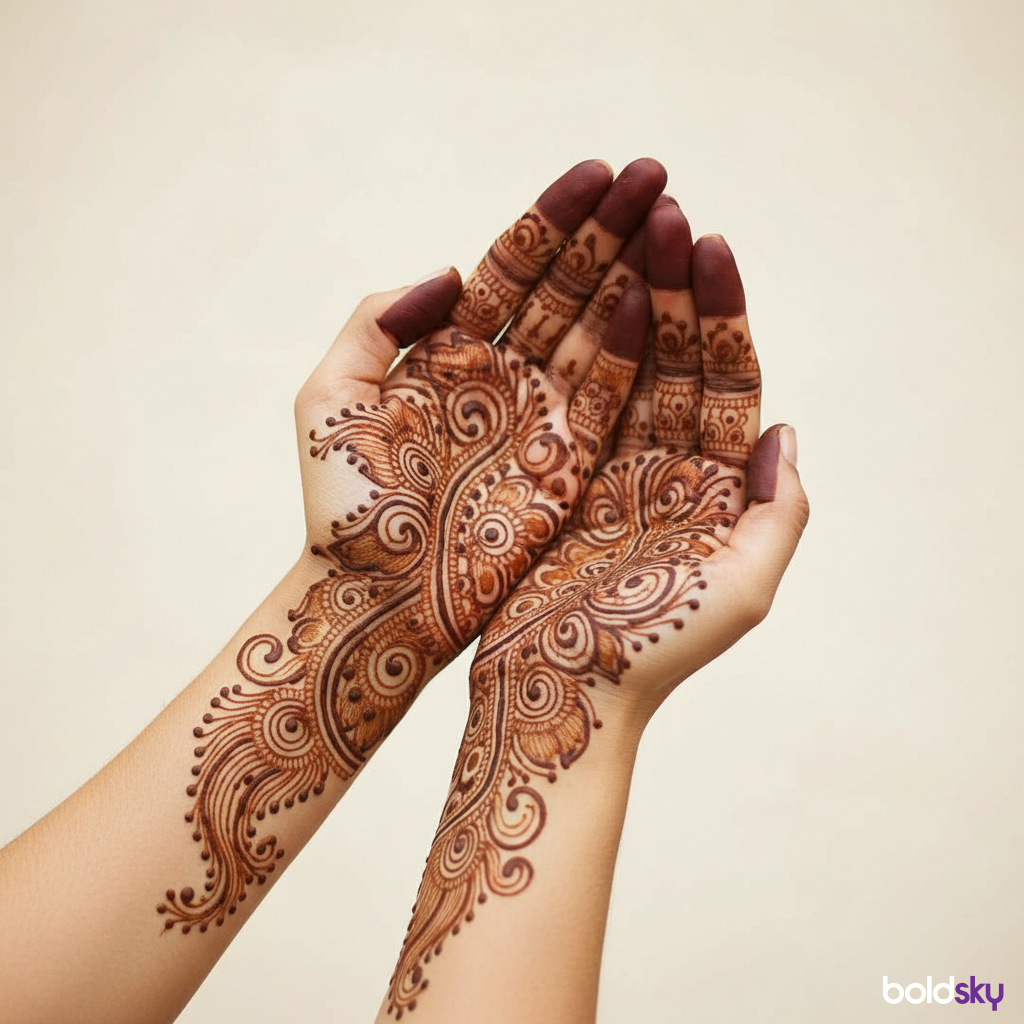 Front of hands peacock mehndi design.