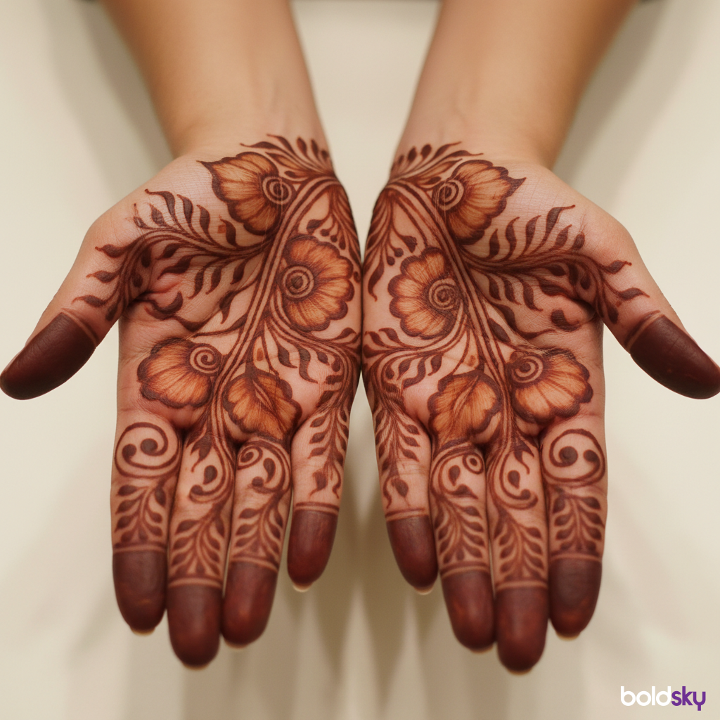 Palms floral vines shaded mehndi.