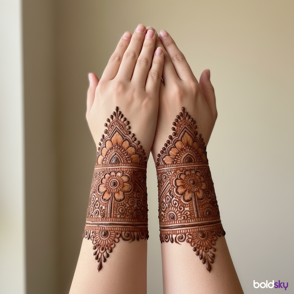 Back of hands symmetrical cuff mehndi.