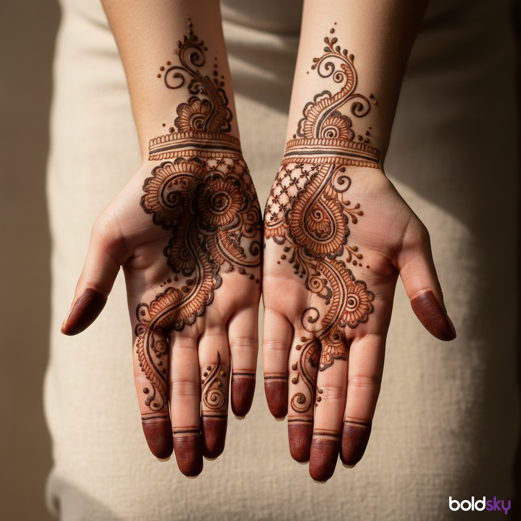 close-up of both palms with combined engagement mehndi