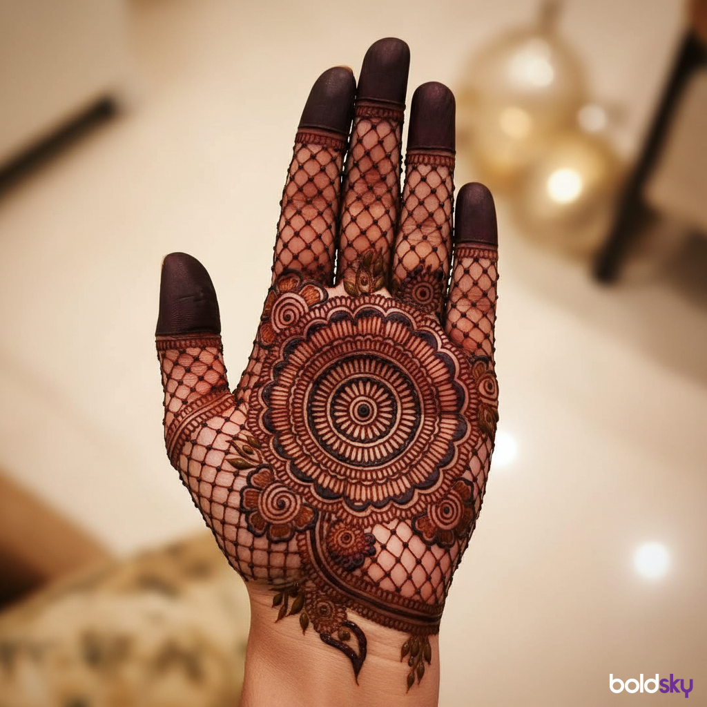 Left palm engagement mehndi with central mandala