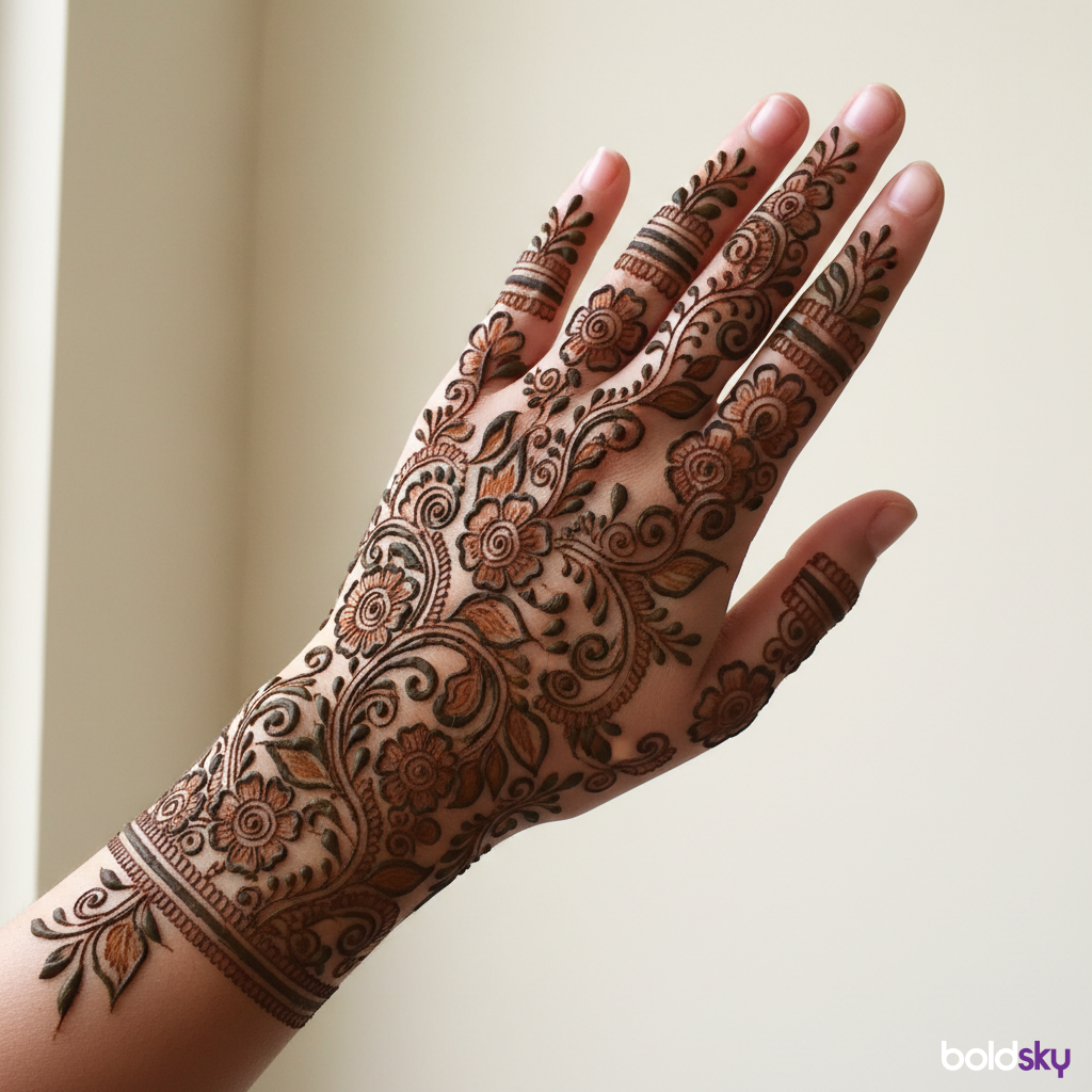 back of left hand with flowing vine mehndi