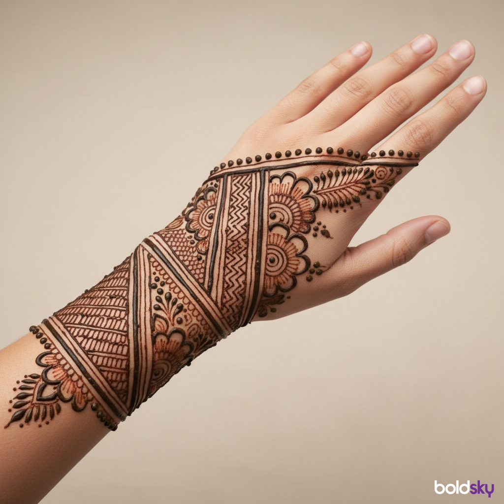 back of left hand geometric floral mehndi