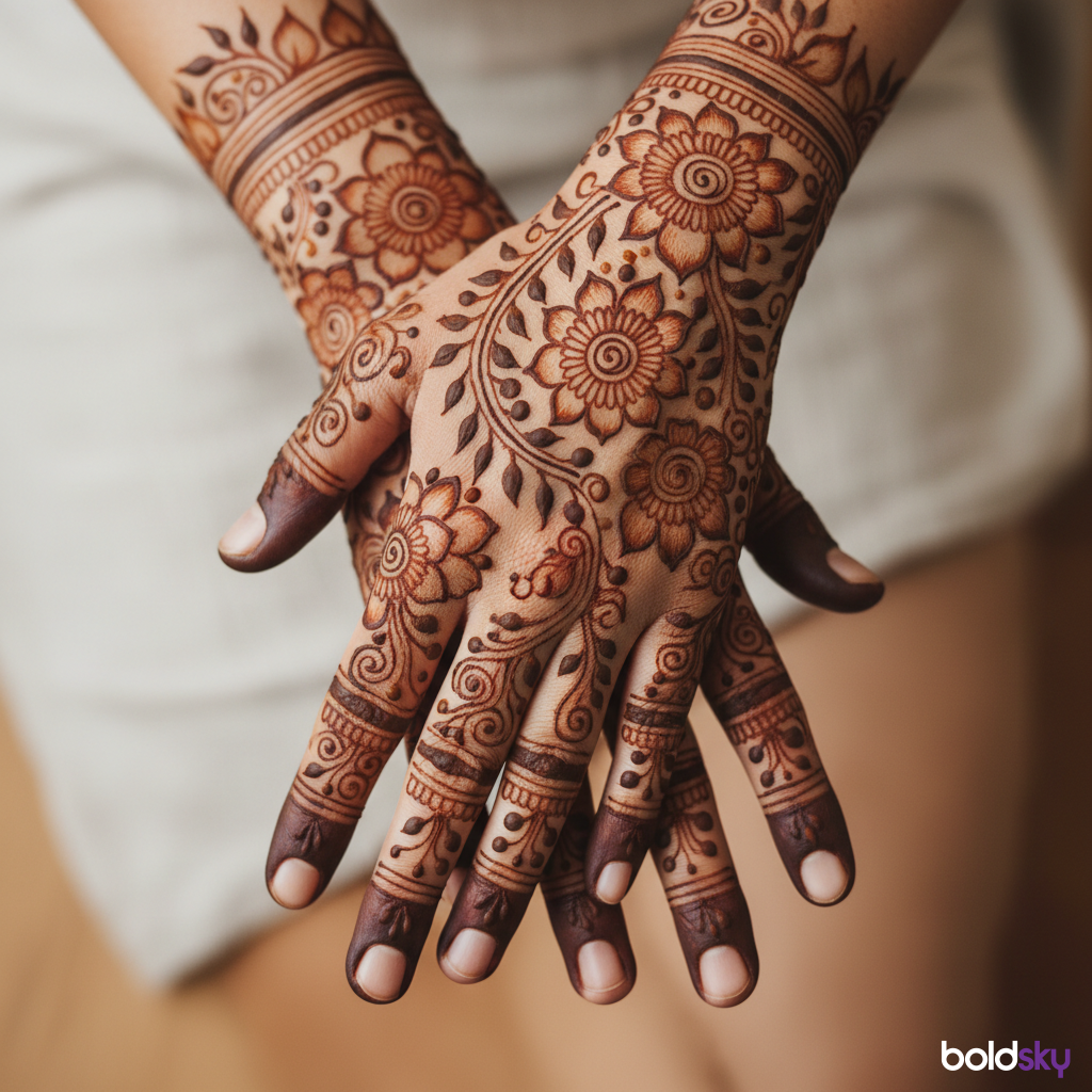 Delicate floral mehndi design on fingers close-up.