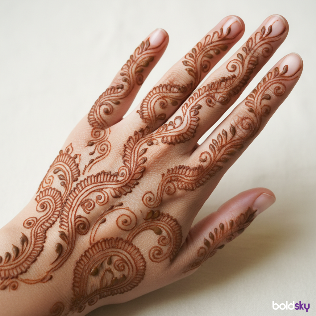 Left hand paisley vine finger mehndi.