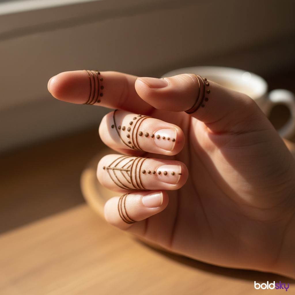 Minimalist dot line mehndi on right hand fingers.
