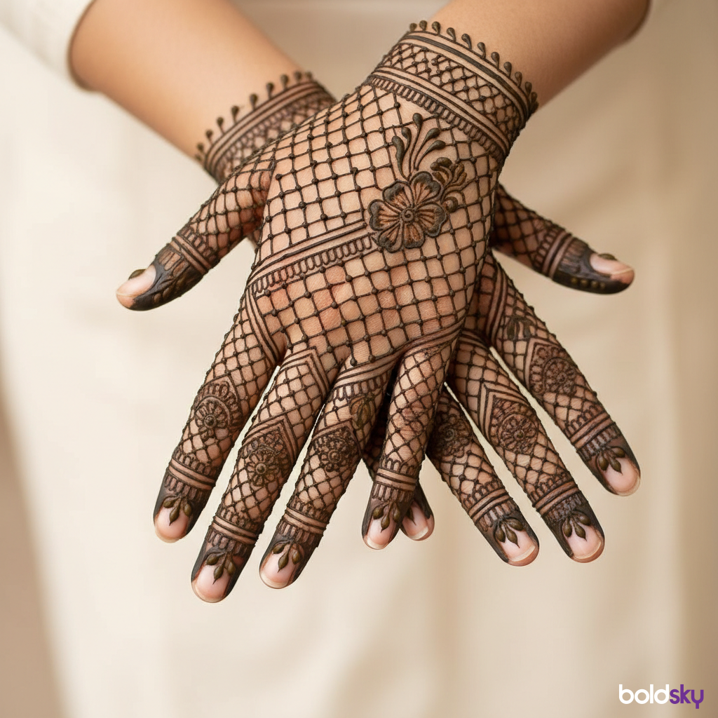 Full finger jaali mehndi design close-up.