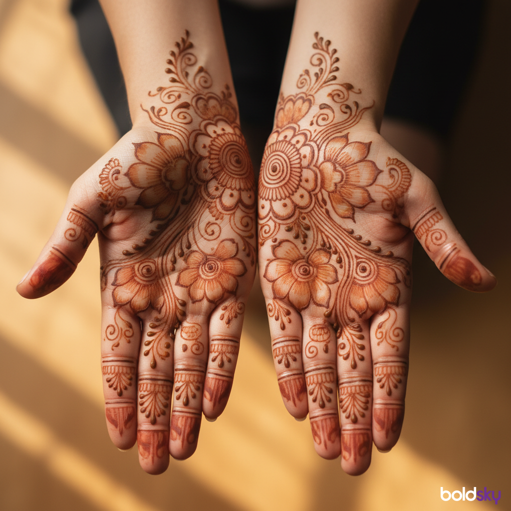 close-up of both palms with matching floral mehndi