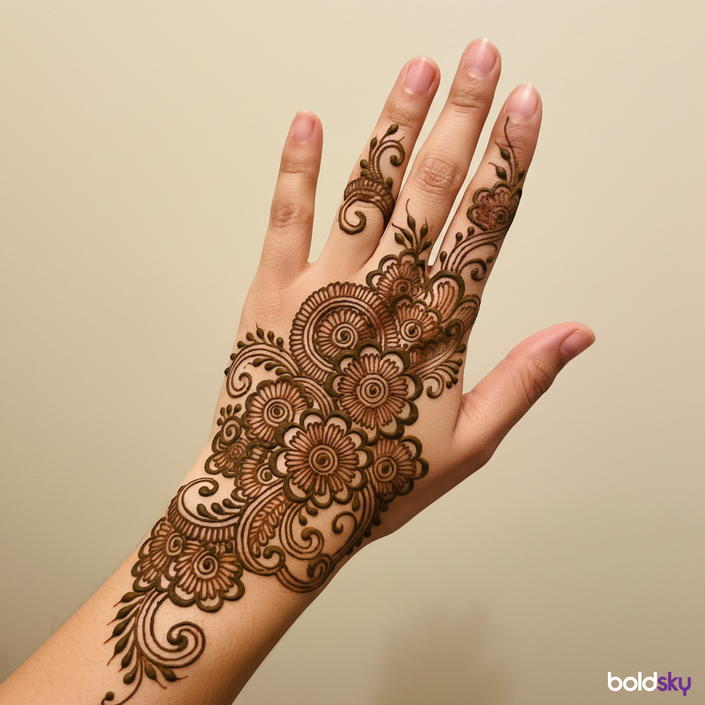 back of left hand elegant flower mehndi