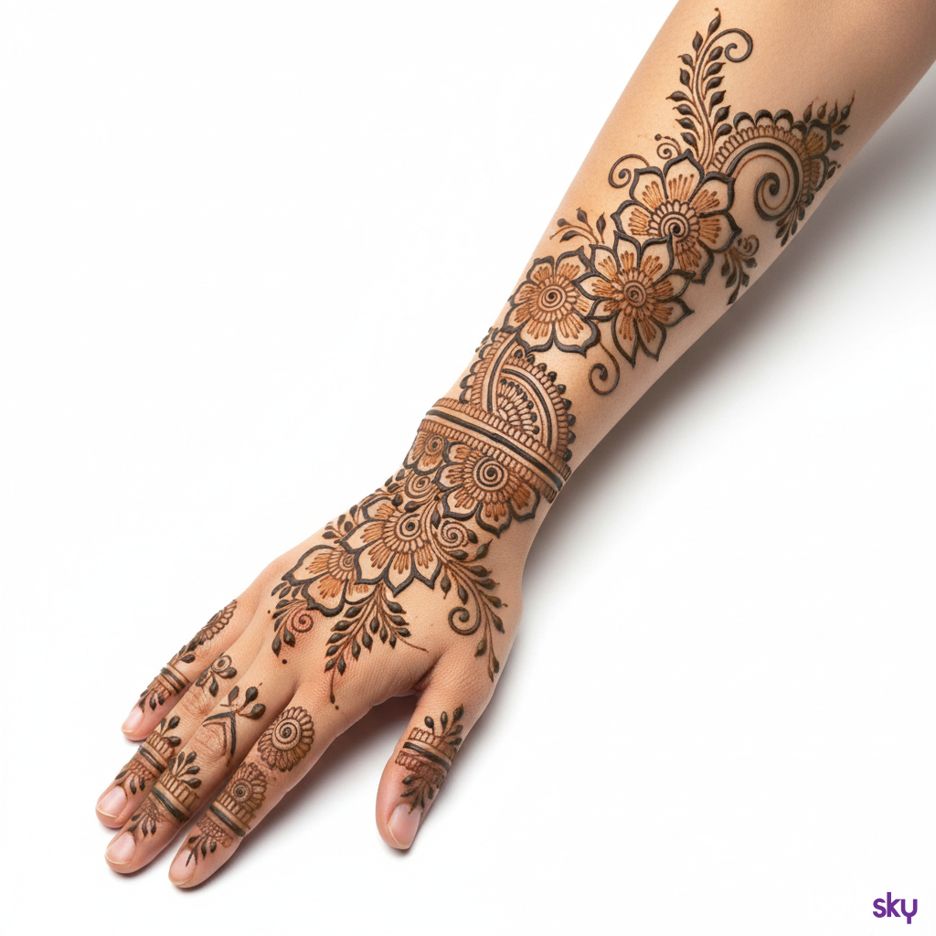 right hand and forearm elaborate floral mehndi