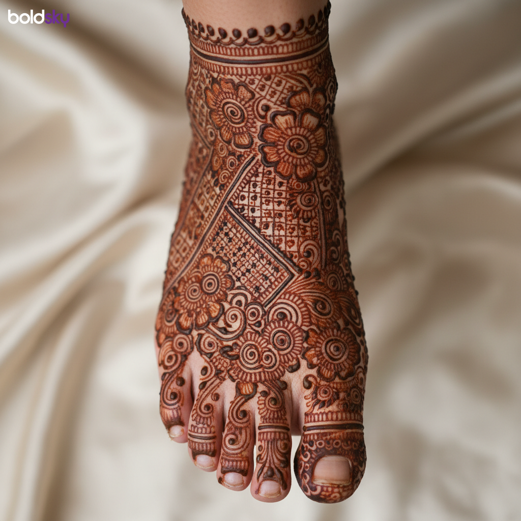 Intricate traditional bridal foot mehndi design.