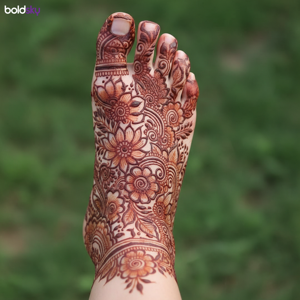 Floral mehndi design on toes and mid-foot.