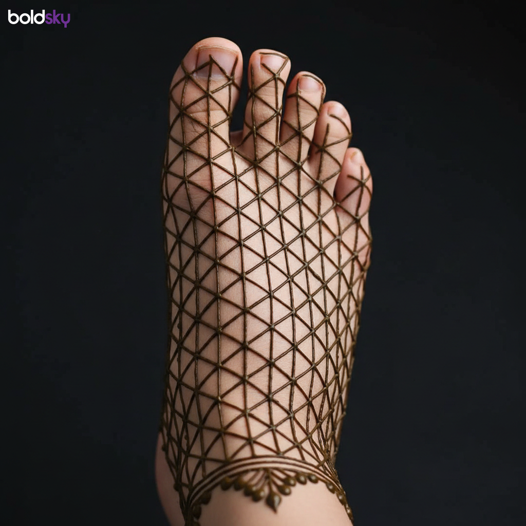 Geometric jaali pattern foot mehndi.