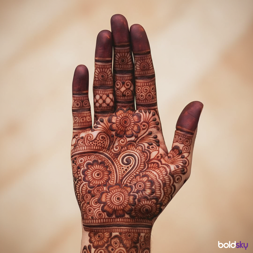 Close-up of right front hand traditional floral mandala mehndi.