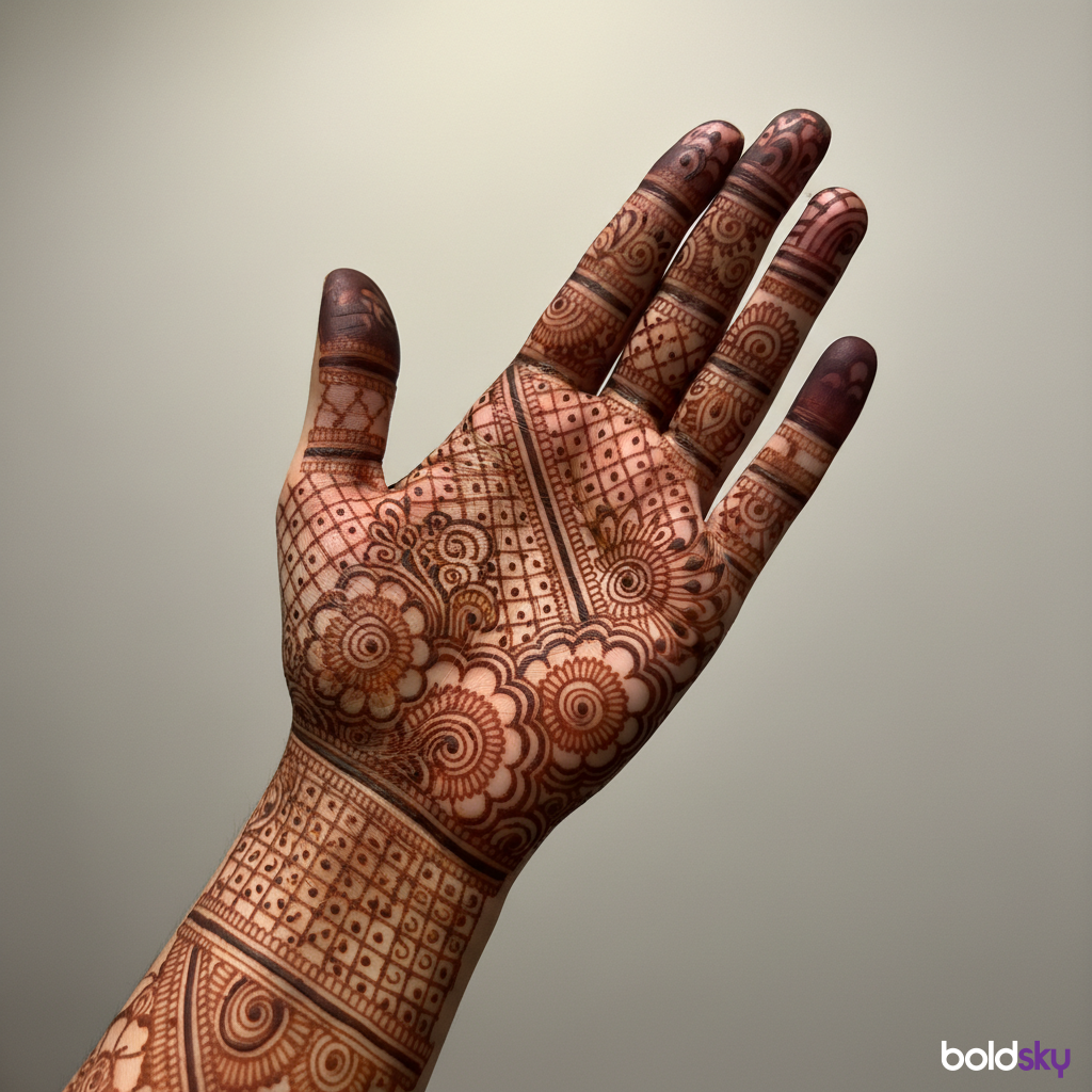 Left front hand contemporary jaali paisley mehndi design.