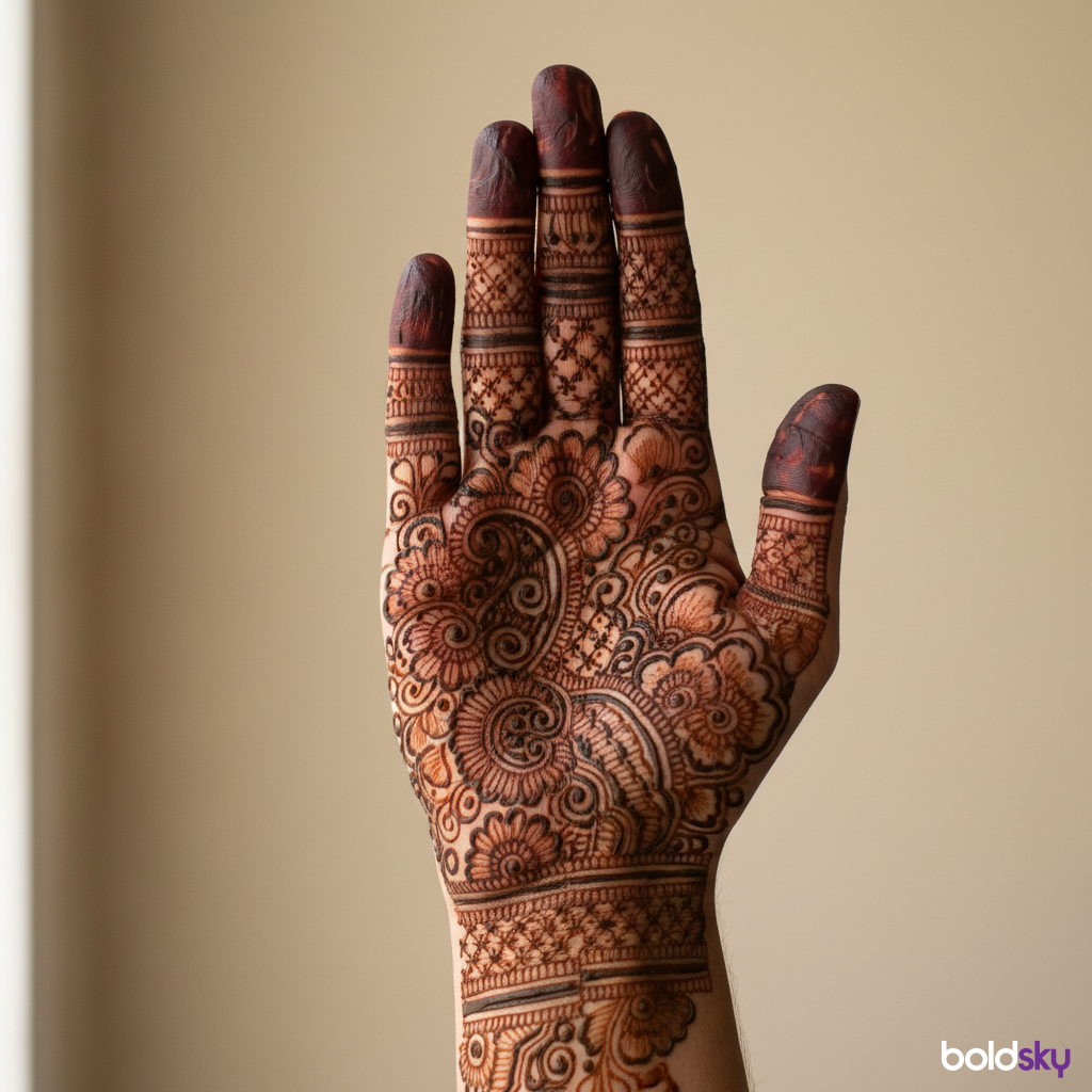 Right front hand bold geometric full mehndi design.
