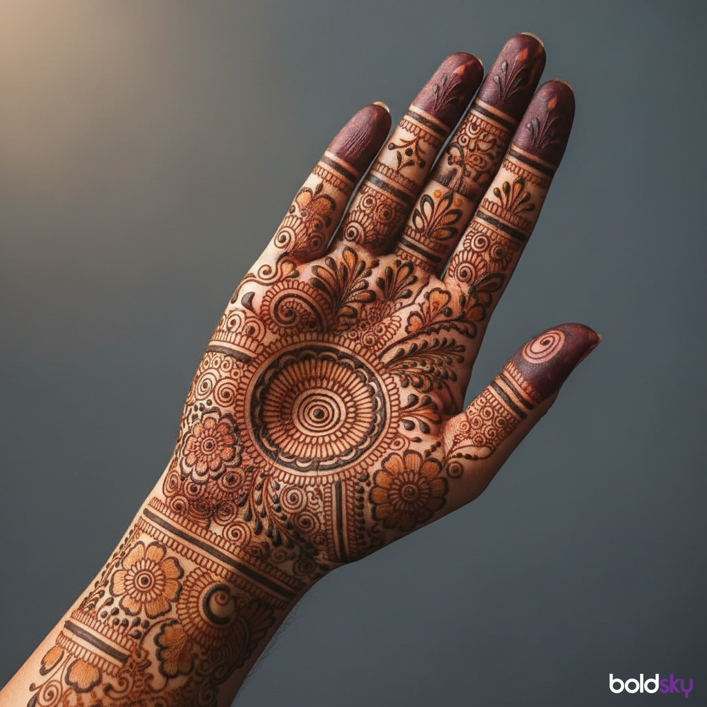 Right front hand Arabic vine leaf mehndi design.