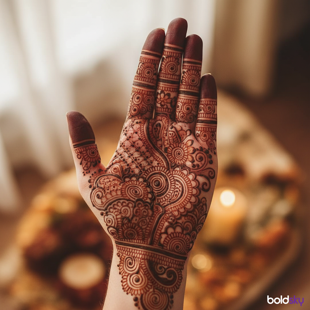 Left front hand bridal intricate mesh peacock mehndi.