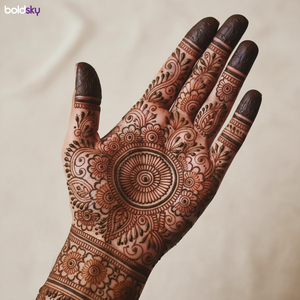 Left hand traditional full palm mehndi design