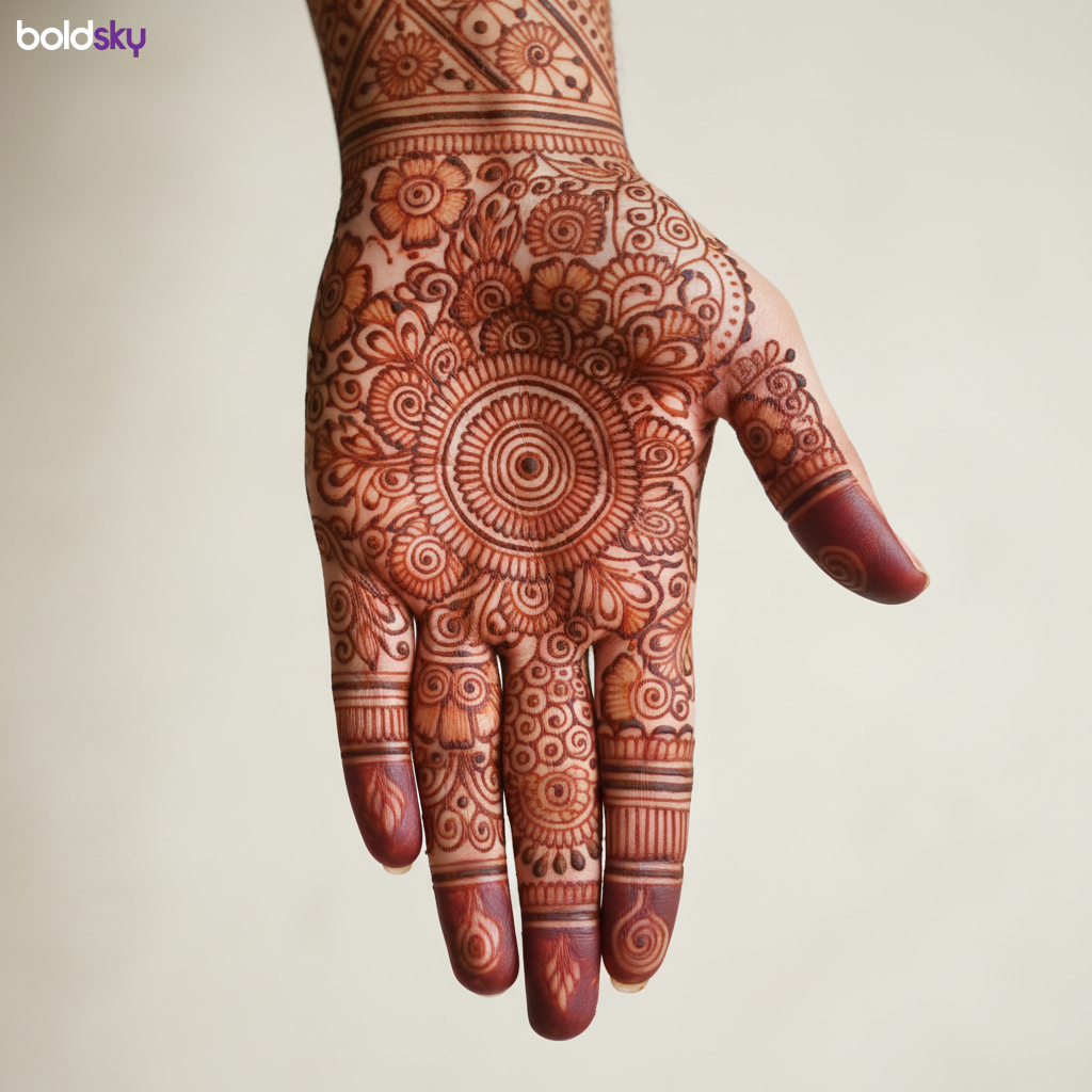 Left hand intricate bridal mehndi web pattern