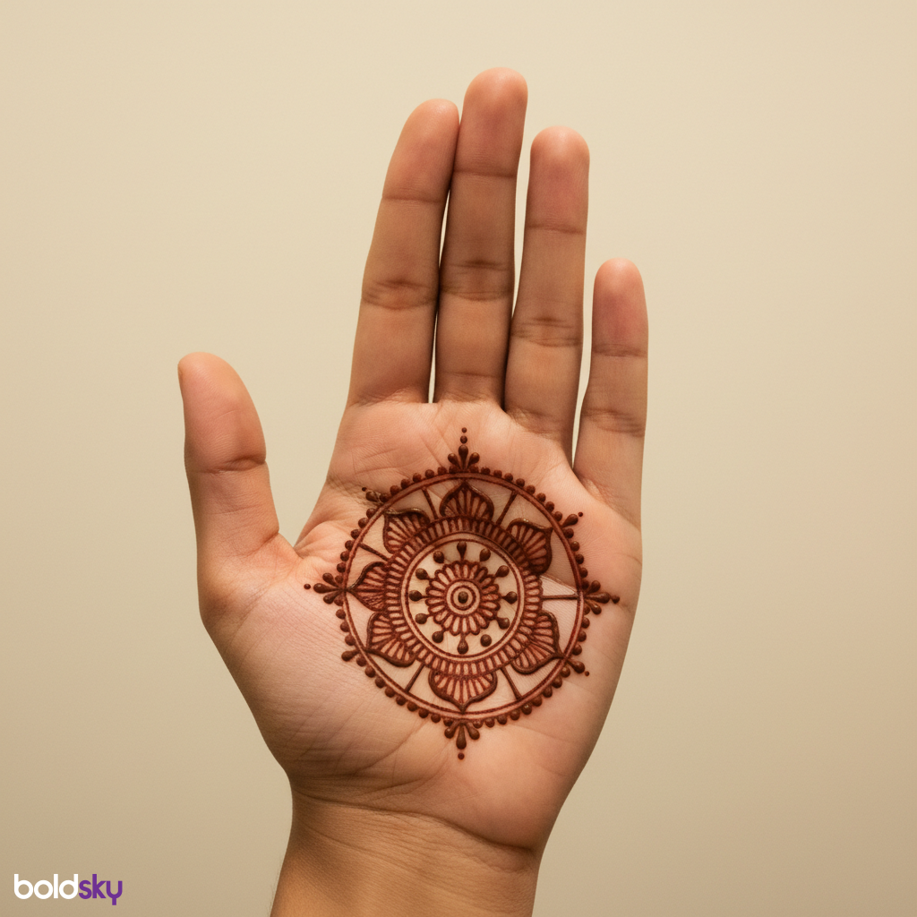 Minimalist palm mandala mehndi design.
