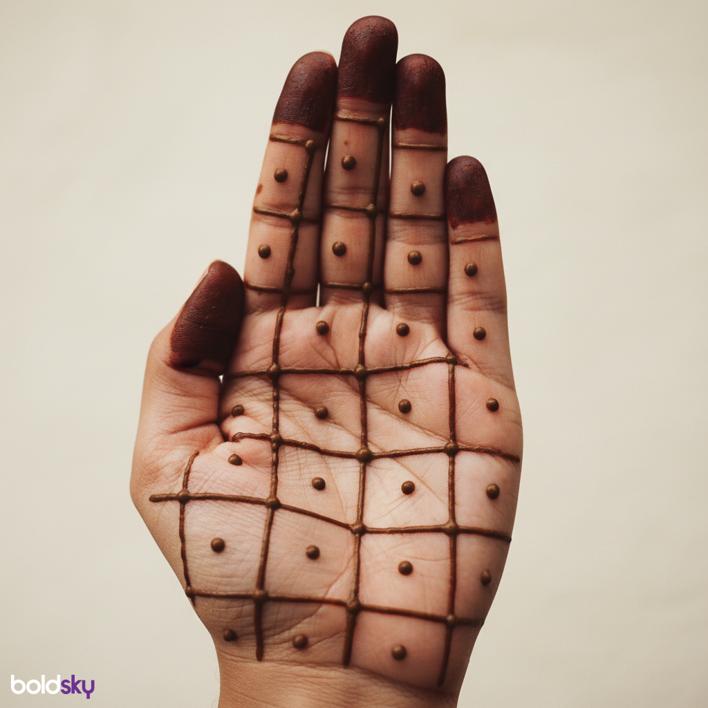 Geometric grid dot front hand mehndi.