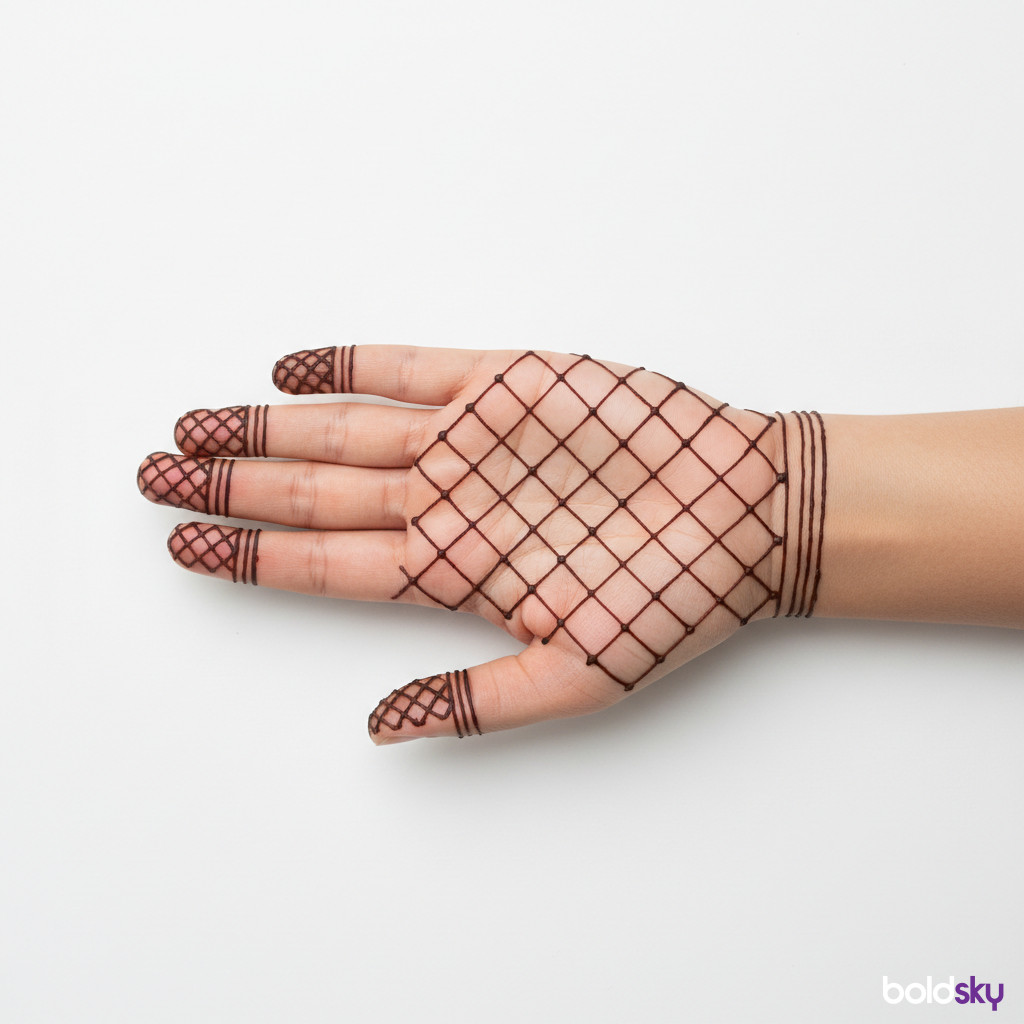 Left front hand delicate net pattern mehndi.