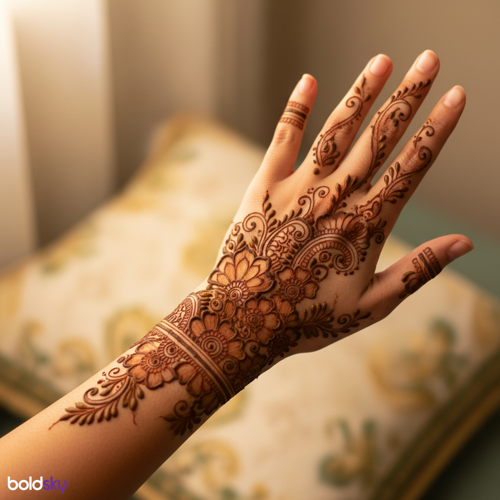 Left hand back floral vine mehndi.