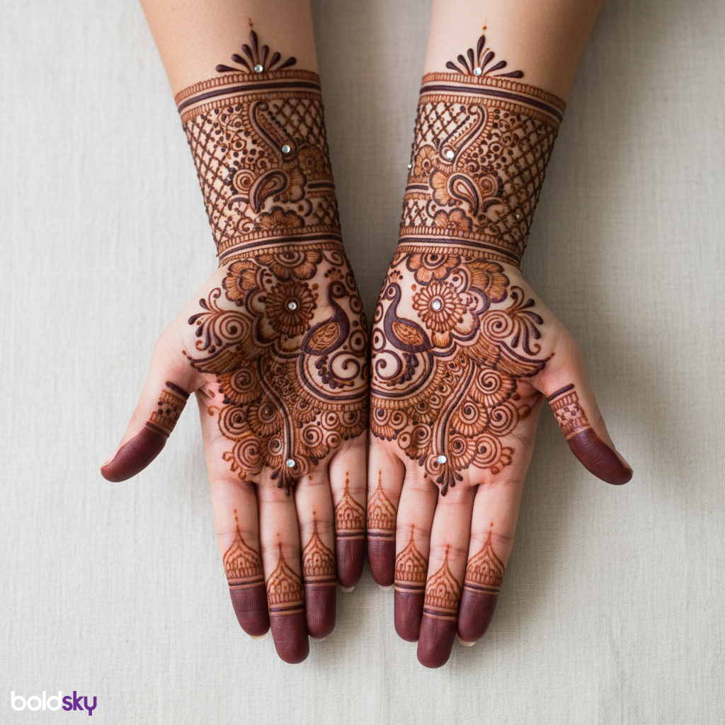 Both palms symmetrical bridal mehndi.