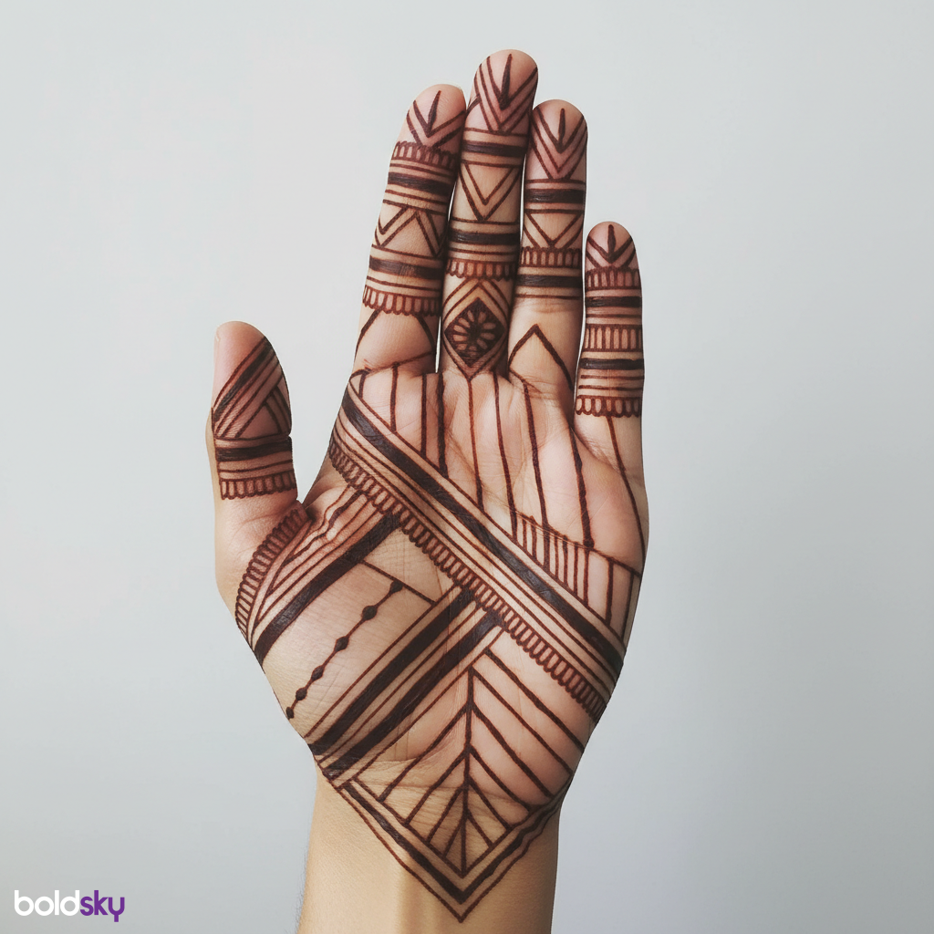 Left hand full palm geometric mehndi.