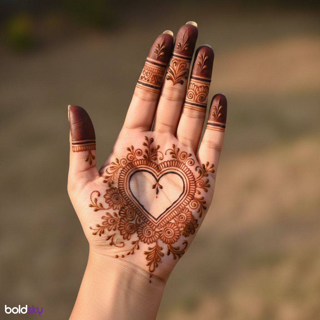 Left hand palm mehndi with central heart.