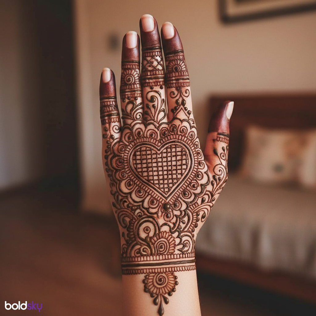 Back of left hand heart jaali mehndi.