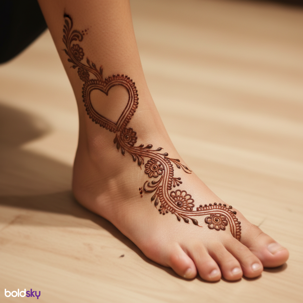 Right foot ankle heart mehndi design.