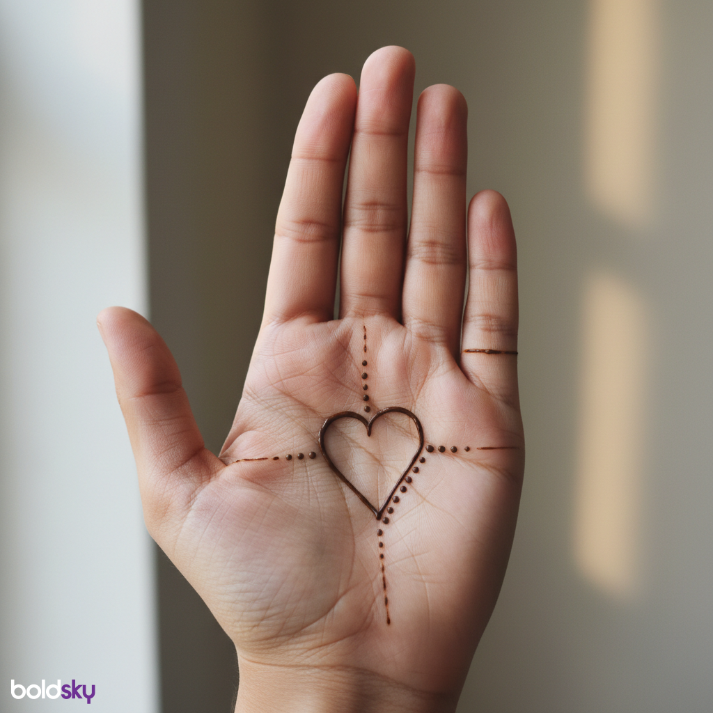 Left hand palm minimalist heart mehndi.