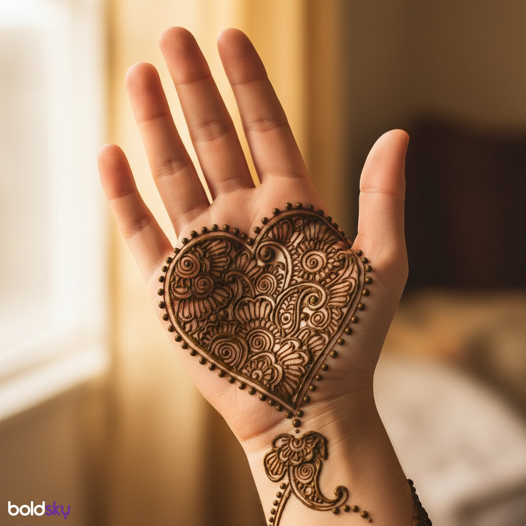 Front of right hand heart paisley mehndi.