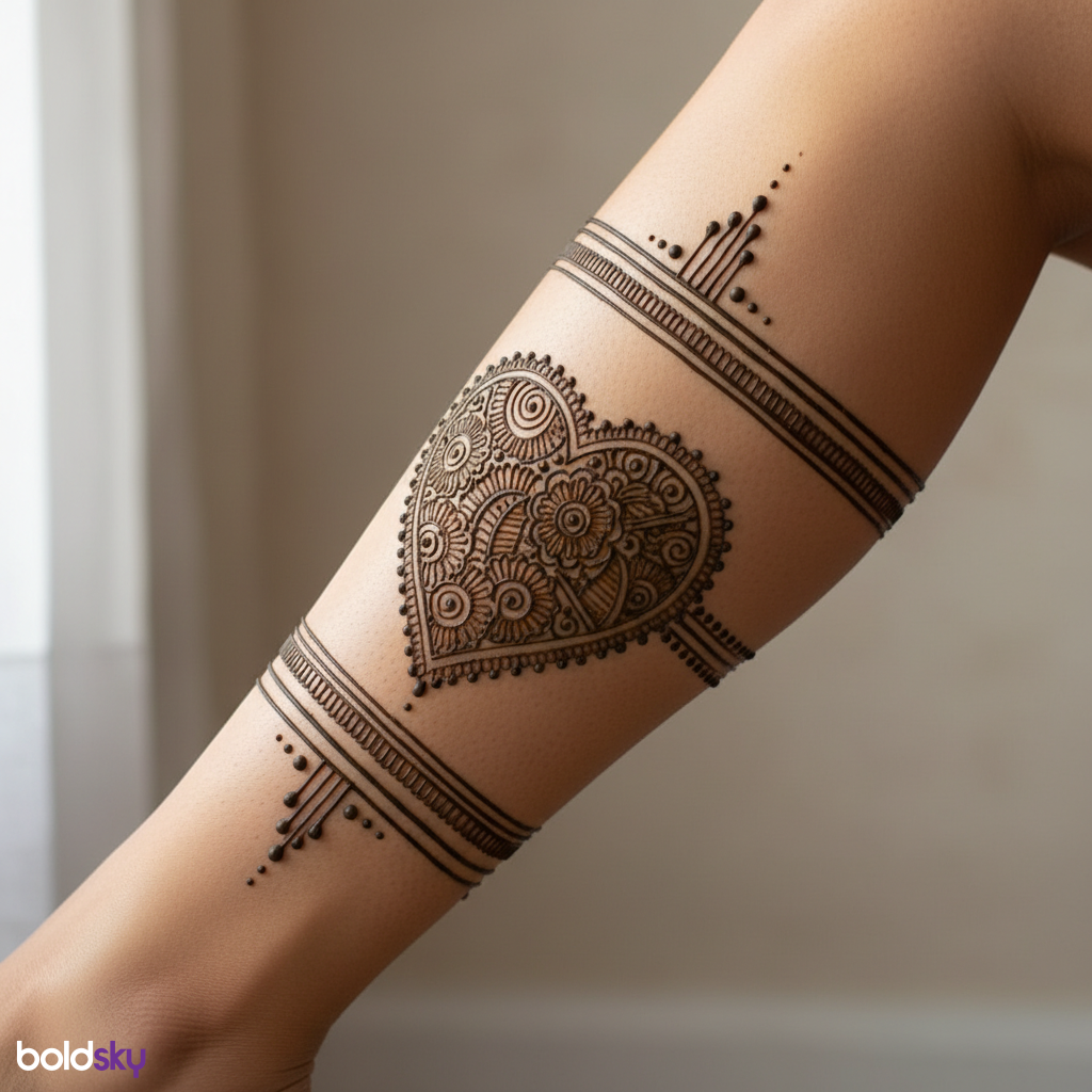 Left calf heart geometric mehndi.