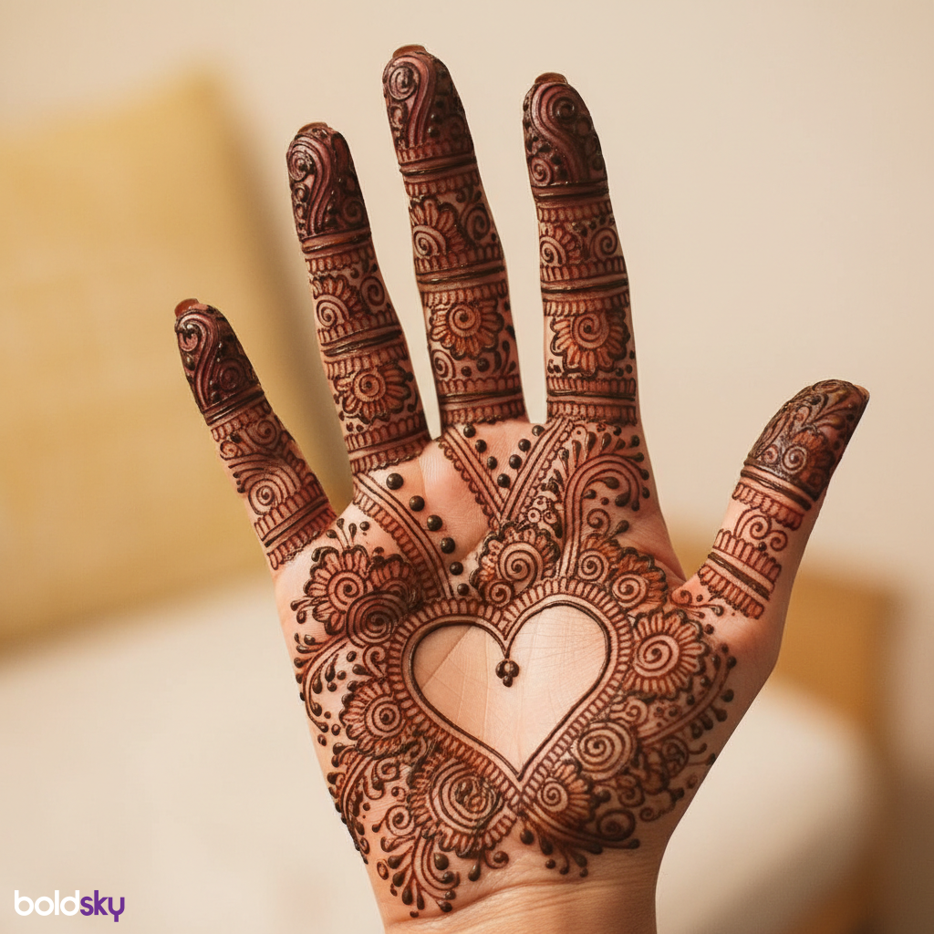 Right palm heart fingertip mehndi.