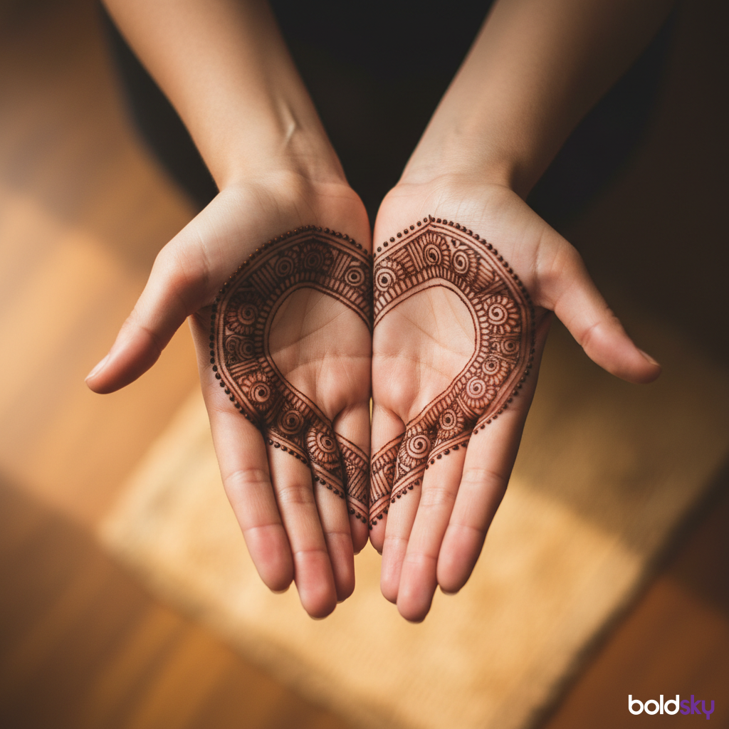 Close-up of both palms with heart mehndi design