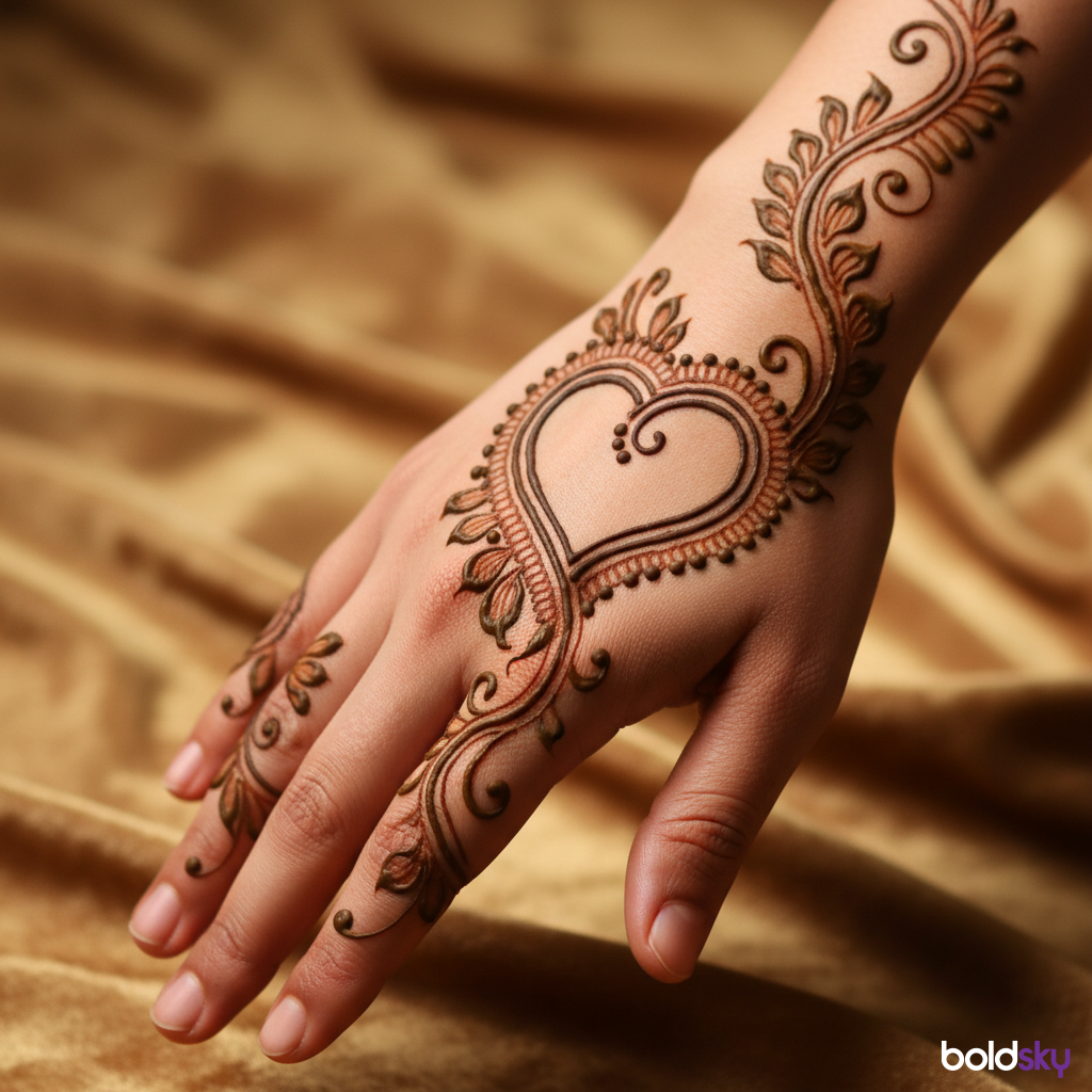 Back of right hand with vine heart mehndi