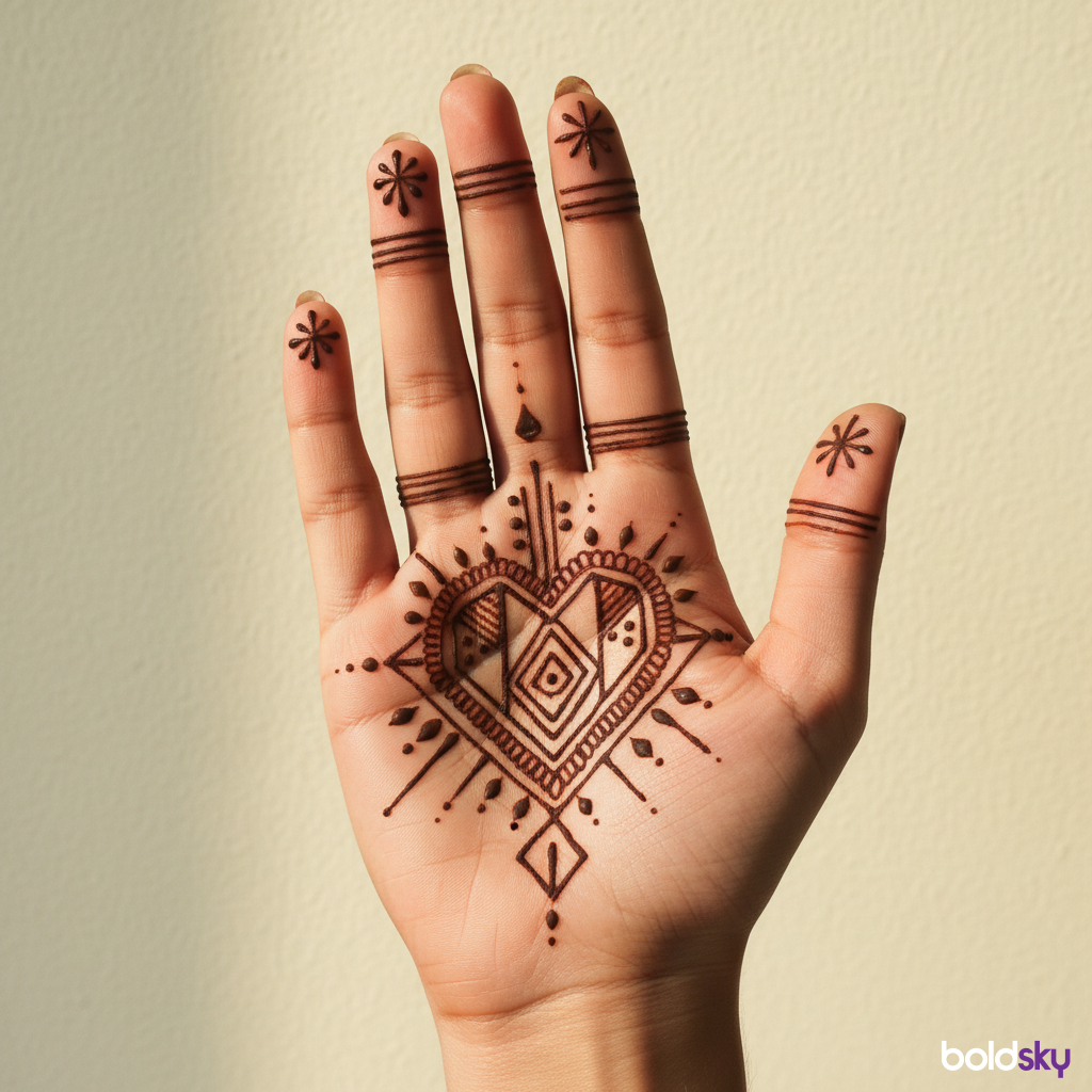 Right palm with geometric heart mehndi