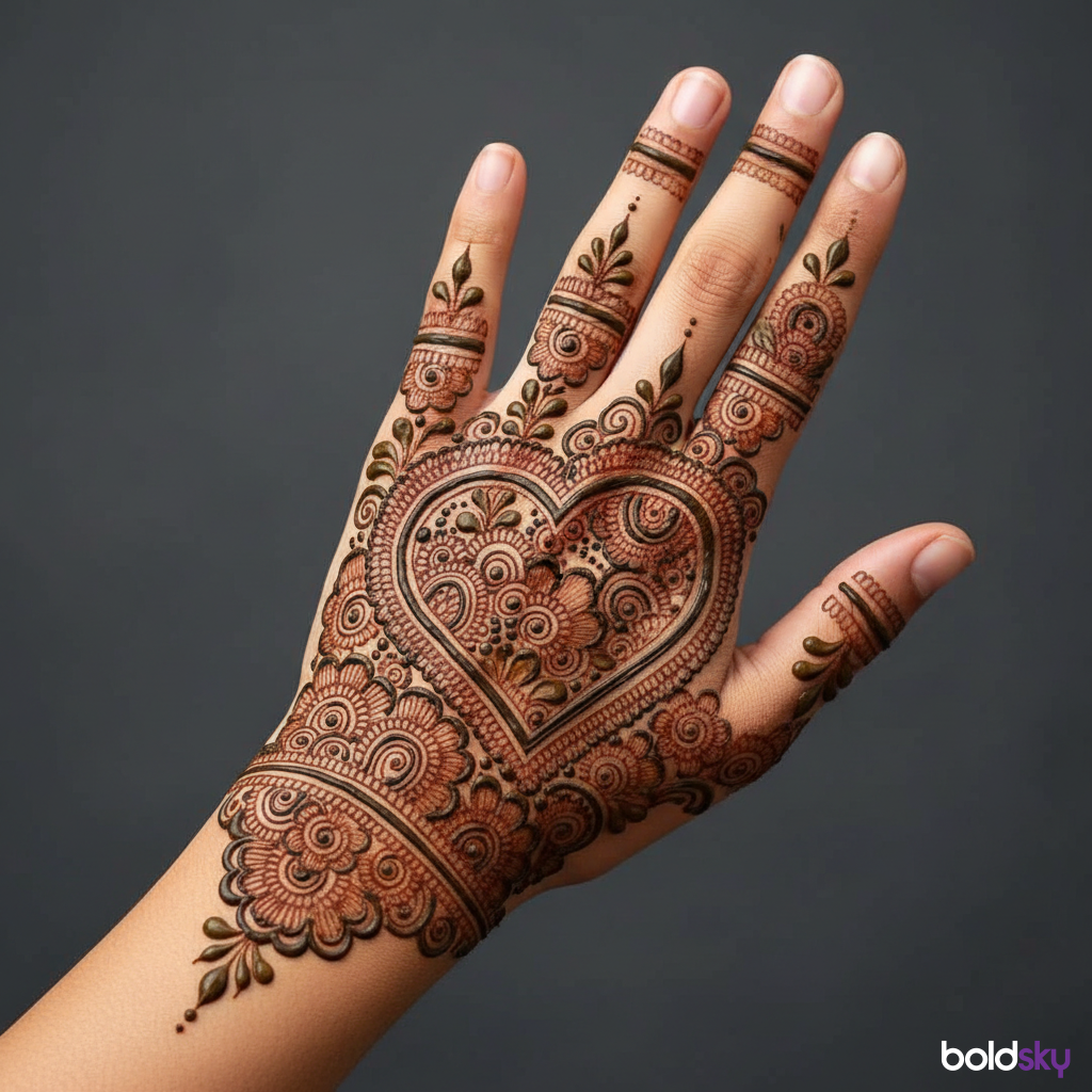 Back of left hand dense heart mehndi